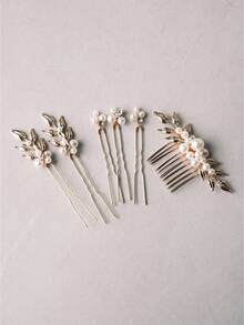 1 Set Vintage Leaf Faux Pearl Decorated Hair Stick & Comb Combination, Suitable For Bridal Wedding, Daily Wear, Party Accessories - Gold - View 2