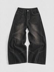 Black & Grey Distressed Washed Denim Jeans, Deconstructed Wide Leg Pants For Men With Drape, American Streetwear Casual Wide Leg Denim Long Pants, All-Season Wearable Personalized Denim Long Pants - Black - View 3