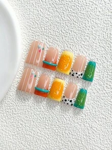 秋季 10片/組 手工穿戴式美甲，波點橘色凝膠美甲藝術套組，甜美俏皮少女風，3種尺寸可選：杏仁/鴨嘴/棺材形，適合派對、跳舞、日常配戴（手工細節可能有所不同） - 彩色 - 查看 17