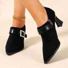 Women's Suede Pointed Toe Flared Heel Deep Cut Pumps Rhinestone Square Buckle Elegant Fashion Shoes Spring Autumn Commute High Heels - Black - View 6