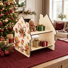 Wooden Double-Layer Freestanding Display Rack With Gingerbread Man And Snowman Pattern, Wooden Desktop Storage Organizer For Christmas, Entryway, Coffee Bar, Home Decor Countertop Shelf, Vertical Storage - Multicolor - View 1