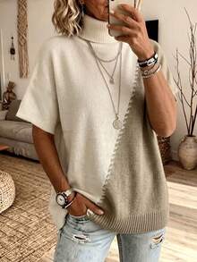 Sweater Rajut Wanita Kerah Tinggi Motif Blok Warna, Potongan Asimetris dengan Lubang, Lengan Pendek, Esensial Musim Gugur/Dingin - Khaki - View 3