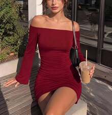 Roviva Women's Autumn Cold Shoulder Long Sleeve Side Ruched Minimalist Sexy Fitted Elastic Tight Mini Dress, Suitable For Parties - Burgundy - View 11