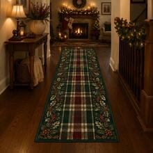 1pc Vintage Plaid Holly Berry Long Runner Rug, Holly Leaf Border Pattern Floor Mat, Hallway Runner Carpet, Home Decor, Area Rug, Christmas Theme, Christmas Gift, Room Decoration, Washable Carpet - A - View 2