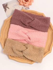 3-Piece Oversized Autumn/Winter Teddy Bear Fleece Solid Color Cross Headband Face Tie Women's Casual Versatile Headband - Multicolor - View 11