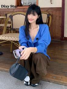 Collared Knitted Cardigan Autumn Slim Fit Flattering Long Sleeve Sweater Jacket - Blue - View 4