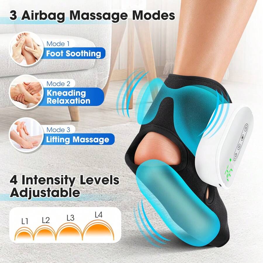 Hailicare 1pc Rechargeable Dual Airbags Foot Ankle Massager,4 Heating Levels,3 Air Massage Modes,4 Adjustable Intensity,15min Timer,NTC Heating,Portable Foot Massager For Foot & Ankle Pain Relief