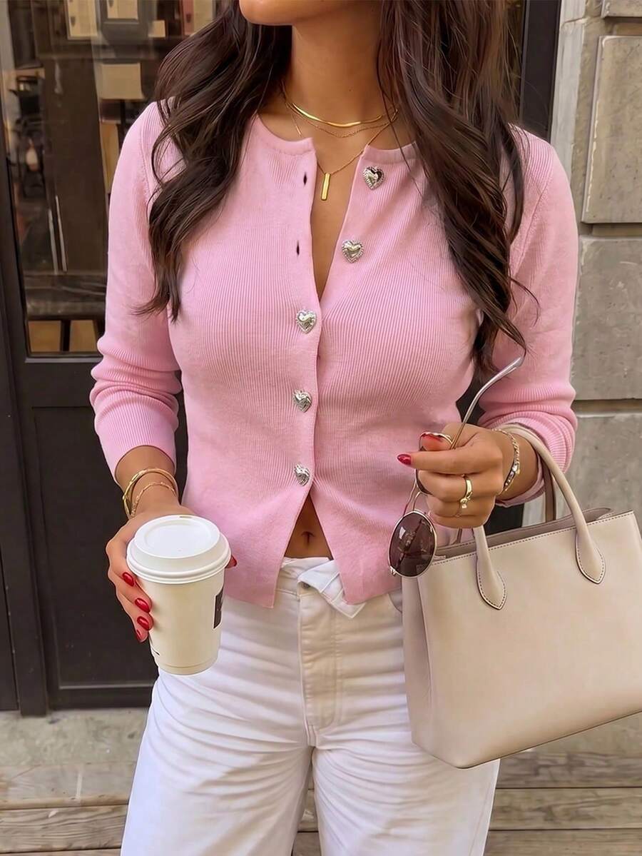 Live To Mo Women's Cute Pink Button Knit Cardigan, Elegant Casual Sweater, Suitable For Autumn Back To School, Commuting And Outings - Pink - View 1