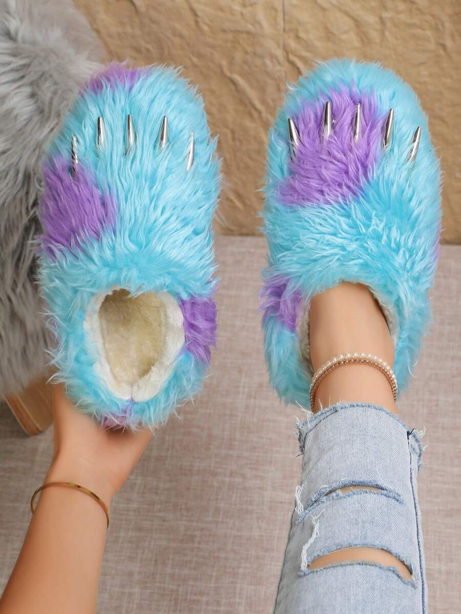 Women's Solid Color Platform Thick Sole Closed Toe Slippers, Thermal Lined Slip-On Bread Shoes, Bohemian Style Indoor/Outdoor Slippers For Autumn/Winter - Blue - View 1
