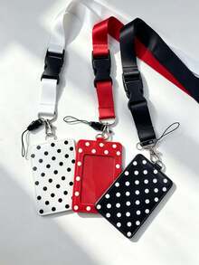 1pc Polka Dot Print PU Leather ID Card Holder With Matching Adjustable Lanyard, Student Campus Bus Access Card Protector, Can Store Student ID, Meal Card, Bus/Metro Card, Access Card, Protects Cards And Can Be Used As Bag Charm, Campus Daily Commute Accessory - Rectangle - View 8