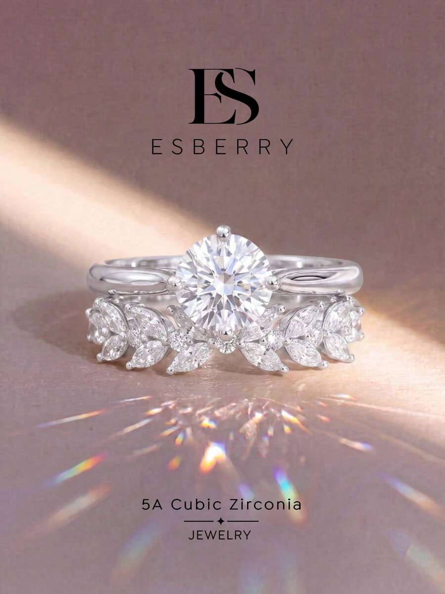 ESBERRY 2件組亮面莫桑鑽訂婚戒指 婚戒 可疊戴戒指 承諾戒 永恆戒 奢華珠寶禮物 情人節適用 - 麥穗雙層戒指 - 查看 1
