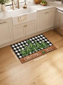 1pc Christmas Black & White Plaid Print Kitchen Floor Mat, Merry Christmas Lettering Red Vintage Truck & Christmas Tree Pattern Long Runner Rug, Wood Grain Patchwork American Country Farmhouse Style - Multicolor - View 12