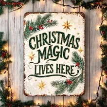 2D Flat - [2D Flat] 1pc Metal Wall Art Christmas Decoration Vintage Iron Sign, Featuring "Christmas Magic Is Here" With Pine Branch, Gold Star, Red Berry Pattern, 6X12 Inch 2D Flat Not 3D - B - View 4
