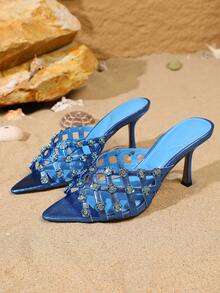 Vintage Hollow Woven Mule Sandals With Rhinestone Metal Flower Pointed Toe Stiletto High Heel Outdoor Women's Slippers - Blue - View 5