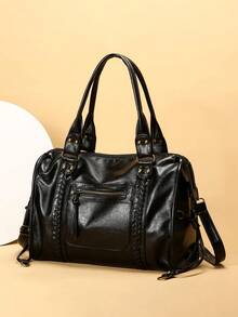 Dedoo Vintage Motorcycle Tote Bag, Soft Washed PU Leather, Woven Rivet Multi-Pocket, Large Capacity Storage, Distressed Punk Style, Suitable For Commuting And Travel For Women - Black - View 4