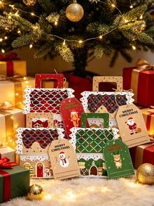 48/24/3pcs Christmas House Design Candy Boxes, Gingerbread House Snack Kraft Paper Packaging Box Set, Christmas Gift Box, Red, Beige, Green Set, Christmas Decoration, Christmas Pajamas, Christmas Gift - One Size Fits All - View 4