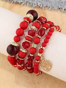 4pcs Heart Pendant Vintage Bracelets, Bohemian Hollow Heart Charm Beaded Bracelets, Multi-Layer Elastic Cord Beaded Bracelets - Red - View 2