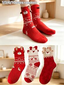 3 Pairs Women's Christmas Socks, Cute Cartoon Reindeer Design, Soft And Comfortable, Winter Holiday Socks - Multicolor - View 1