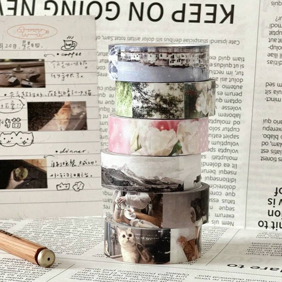 Retro Collage Aesthetic Masking Washi Tape, Mixed Snapshot Photo Pattern Decorative Tape, Removable Adhesive Tape For Junk Journal, Notebook, Gift Wrapping & Ephemera Making - A - View 1