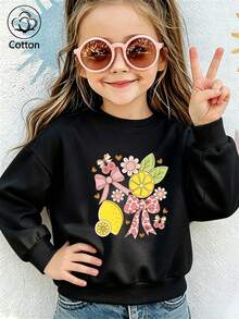 Sweet Floral Print With Bow, Lemon-Colored Girly Kids' Sweatshirt - Black - View 9