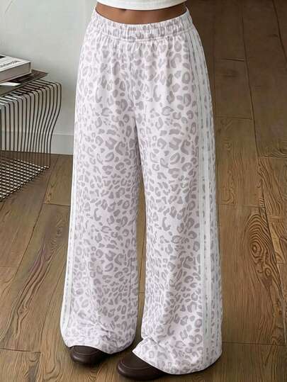 1pc Teen Girls Leopard Print American Style Sports Outdoor Side Stripe Wide Leg Casual Pants, Loose Streetwear Versatile Long Pants