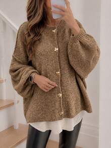 Marisole 女款休閒日常落肩長袖圓領羅紋鈕扣開襟針織衫，時尚基礎通勤旅行度假針織毛衣，秋冬款 - 淺棕色 - 查看 6