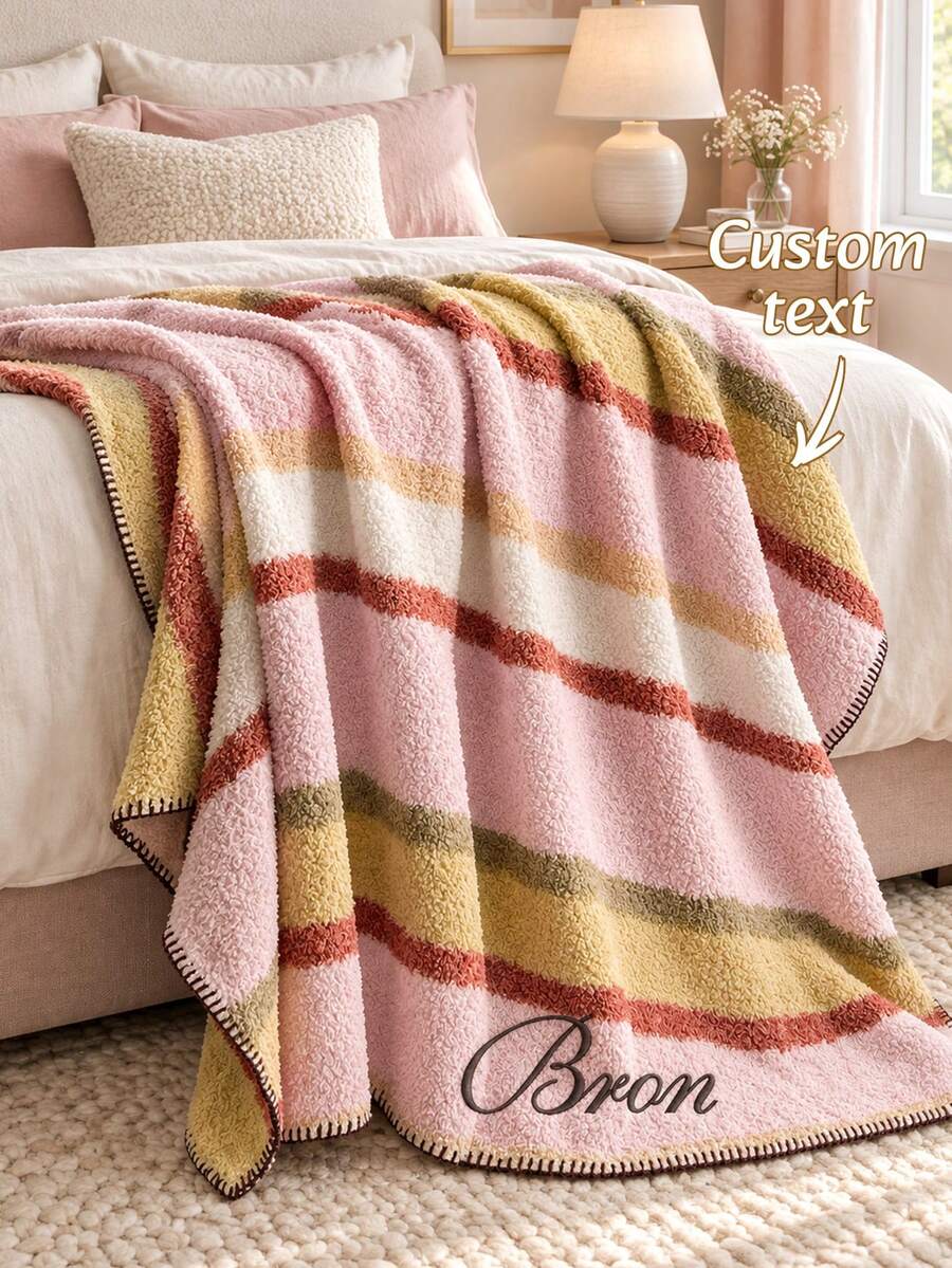 1Pc Custom Embroidered Dopamine Knit Blanket, Personalized Custom Name Embroidery, 5 Color Options, For Living Room Bedroom Couch, Ideal Holiday Gift For Family Members, Friends And Relatives, Indoor Home Decor