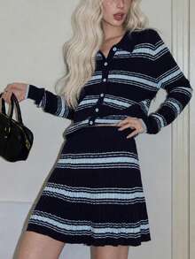 Women's New Autumn/Winter Minimalist Striped Sweater Cardigan And Skirt 2 Pieces Set - Navy Blue - View 3
