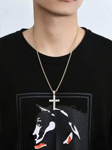 1pc Men's Stainless Steel Cross Pendant Necklace With Twist Chain, Hip Hop Rap Rock Style, Rhinestone Fashion Jewelry - Multicolor - View 8