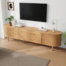 TV Stand With Rounded Edges, 3D Wave-Shaped Structure, Sliding Doors, 4 Drawers, Wooden Legs, And Metal Handles. - Natural + MDF + Particle Board - View 6