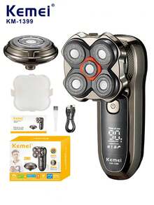 Kemei KM-1399 Men's Electric Shaver Waterproof Rechargeable Razor Magnetic Dual Head Replaceable Type-C Lithium Battery Bald Men Hair Clipper High Definition LED Digital Display Beard Trimmer Suitable For Business Travel Gift For Men - Silver - View 13