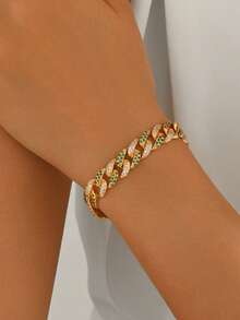 1pc Luxury Hip-Hop Punk Cuban Bracelet, Heavy-Duty Full Synthetic Zirconia, Unisex Wide Band Hand Accessory, Suitable For Party And Banquet Wear - Gold - View 2