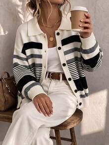 Women's Striped Knit Cardigan, Long Sleeve, Regular Fit, Lapel Collar, Ribbed Knit Detail, Suitable For Autumn/Winter Wear - White - View 2