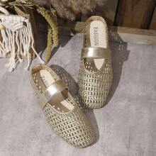 Women's Breathable Hollow Woven Metallic Square Toe Single Strap Low Heel Mule Shoes, French Vacation Style, Spring/Summer, Gold Faux Leather Mary Jane Slip-On Sandals - Gold - View 4