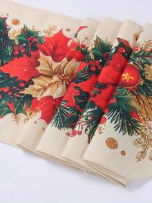 1件裝聖誕亞麻波斯菊桌旗帶流蘇，183*33cm聖誕桌布，紅金波斯菊與冬青莓果圖案，桌布，聖誕快樂，聖誕裝飾，聖誕裝飾，聖誕裝飾，聖誕餐桌裝飾，廚房餐桌裝飾，節日餐桌中心裝飾，節日派對裝飾，冬季家居裝飾，室內外通用 - 彩色 - 查看 10