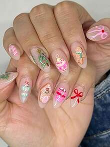 24pcs Christmas Almond Shaped Press-On Fake Nails, Cute Gingerbread Man Christmas Tree Candy Bow Ball Design, Christmas Atmosphere Fake Nails, Suitable As Gift For Family And Friends - Multicolor - View 1