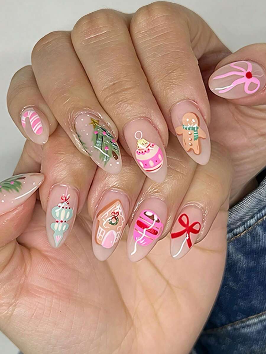 24pcs Christmas Almond Shaped Press-On Fake Nails, Cute Gingerbread Man Christmas Tree Candy Bow Ball Design, Christmas Atmosphere Fake Nails, Suitable As Gift For Family And Friends - Multicolor - View 1