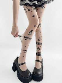 1 Pair Musical Note Print Tights For Women, Sheer High Waist Stretch Pantyhose, Cute Y2K Stockings For Fall Winter Party, Cosplay & Daily Wear - Multicolor - View 7