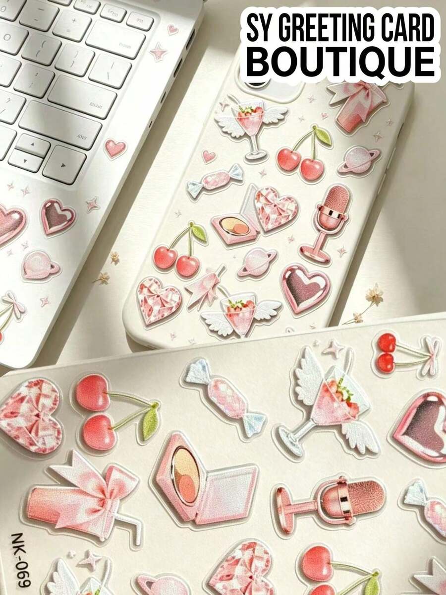 1-Piece Pink Cherry, Heart, And Butterfly Themed Decorative Sticker. A Multi-Element Self-Adhesive Sticker For Decorating Digital Products, Suitable For Electronic Accessories, Personal Items, And Various Hard, Flat Surfaces. - Decorative Stickers - View 1