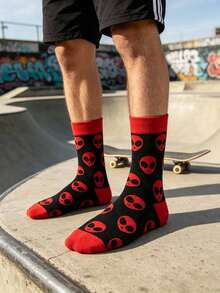 1 Pair Men's Red & Black Alien Cartoon Funny Creative Mid-Calf Socks, High Elasticity Skin-Friendly All Season Style, Suitable For Holiday Party Hip Hop Streetwear - Multicolor - View 2