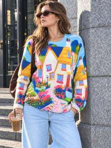 Women's Fairy Tale Country Style Printed Sweater, Soft And Lightweight, Layerable Design, Winter Style, Suitable For Daily Outings - Blue - View 2