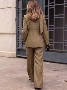 Old Money Vintage Button-Front Slim Fit Blazer, Elegant Square Neck Scarf Decor Long Sleeve Shirt, Suitable For Formal Business Occasions And Parties - Khaki - View 9
