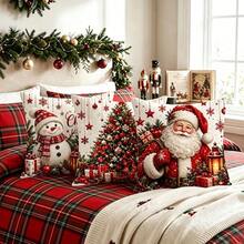 4pcs Vintage Christmas Pillow Covers, Snowman, Reindeer, Santa Claus, Exquisite Christmas Tree Gift Print Pattern, Clear 2D Printing Process, 45*45cm (18*18in), Soft Comfortable Polyester Cushion Covers, Zipper Closure, Machine Washable, Suitable For Living Room, Bedroom, Winter Holiday Home Decor (Pillow Covers Only, Pillow Insert Not Included) - Multicolor - View 7