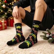 1 Pair 40cm Christmas Dinosaur Fun Mid-Calf Socks, Cartoon Jacquard Pattern, Soft & Skin-Friendly, Personalized Holiday Outfit Accessory - Black - View 3