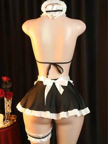 Maid Role Play Costume Set, Ruffle Halter Top + Apron Mini Skirt, Valentine's Day/Christmas Night Club Party Performance Outfit, Women's Theme Dress-Up Set - Black and White - View 3