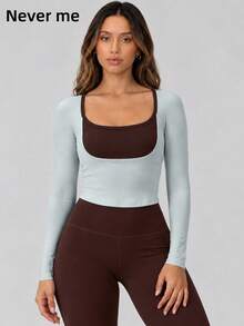 Never me Women's Square Neck Long Sleeve Cropped Patchwork Trim Sports T-Shirt, Tight Fit Base Layer Top For Yoga, Pilates, Outdoor Jogging, Daily Commute - Blue - View 4