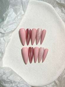 10pcs Pure Handmade Stiletto Press On Nails, Y2k Cool Minimalist Style, Solid Pink Base, Rose Pink Mirror Metal & Pink Glitter Patterns For Women And Girls, Spring Summer Fall Winter Festivals Party And Daily Life Use - Pink - View 1