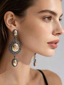Anting Panjang Elegan Bergaya Vintage Eropa dan Amerika dengan Hiasan Berlian Imitasi Tebal dan Motif Koin Emas Timbul - Gun Black - View 3