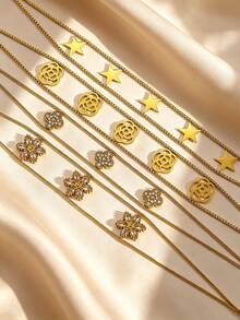 Wavy Snake Chain Choker,304 Stainless Steel Star Camellia Rhinestone Flower Necklace Women Stackable Jewelry - Yellow Gold - View 2