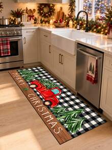 1pc Christmas Black & White Plaid Print Kitchen Floor Mat, Merry Christmas Lettering Red Vintage Truck & Christmas Tree Pattern Long Runner Rug, Wood Grain Patchwork American Country Farmhouse Style - Multicolor - View 3